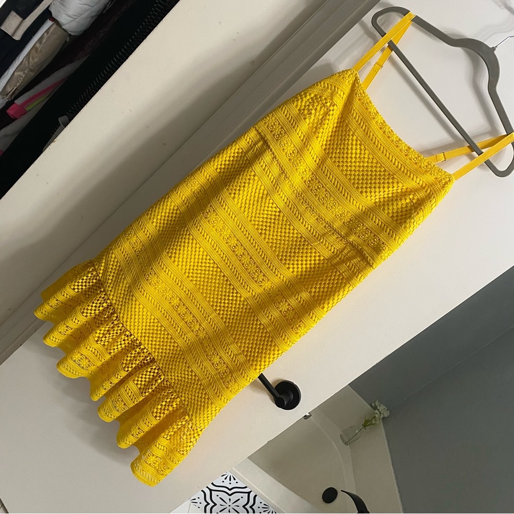 J. Crew Sunny Yellow Eyelet Crochet Lace Tiered Midi Dress Sundress Size 16 - Picture 3 of 15